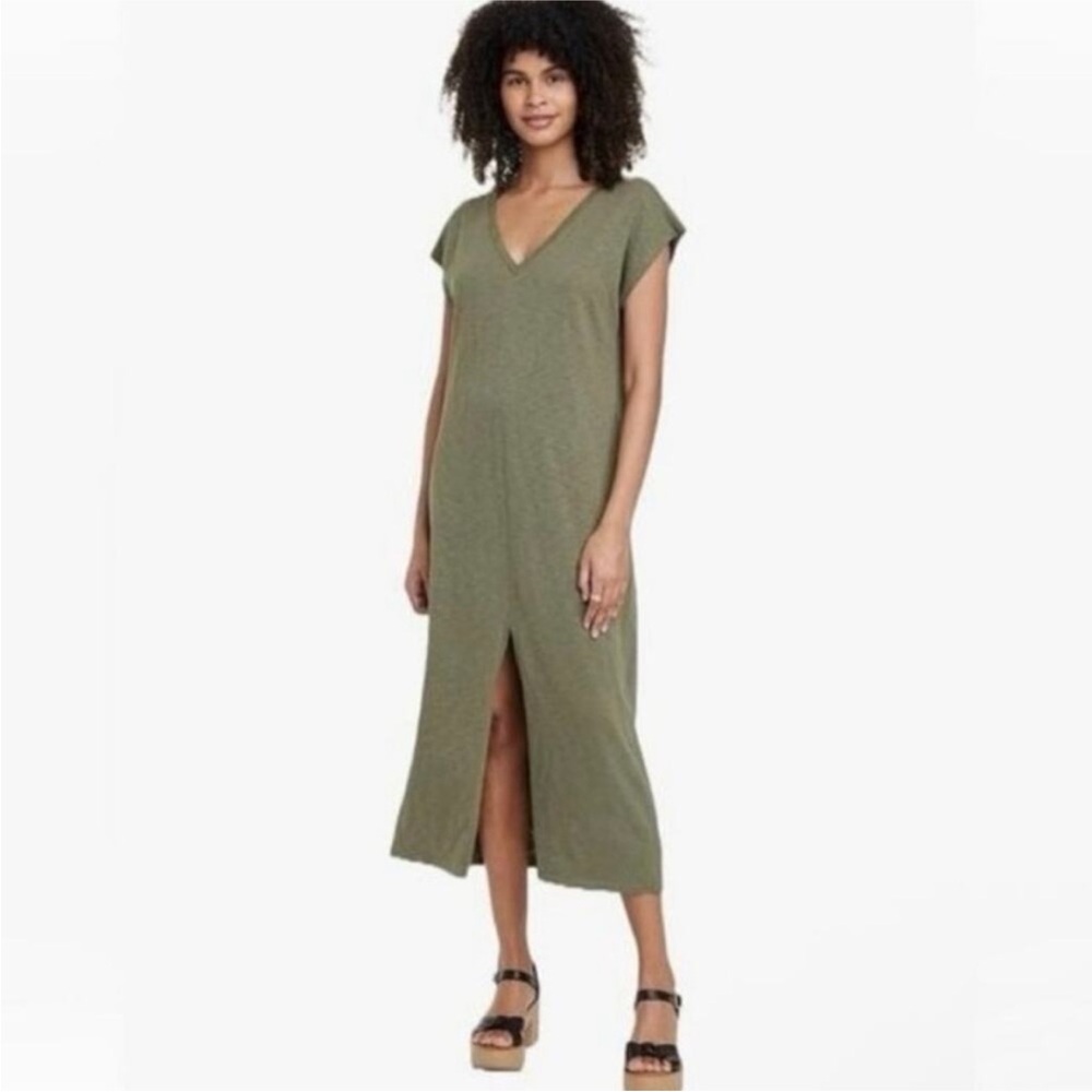 Olive Green V-Neck Long T Shirt Dress with front slit